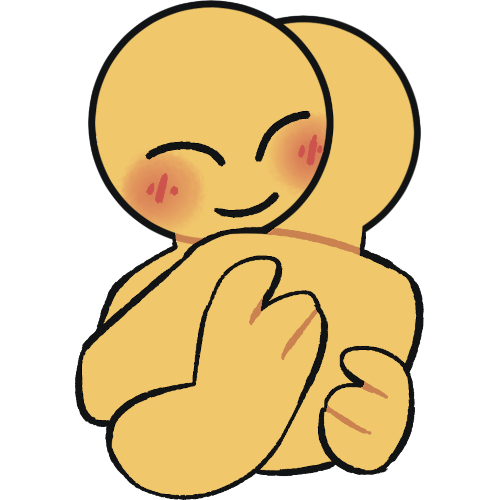 two emoji yellow figures embracing, viewed from behind.  one person has their arms around the other, smiling with closed eyes and blushing.